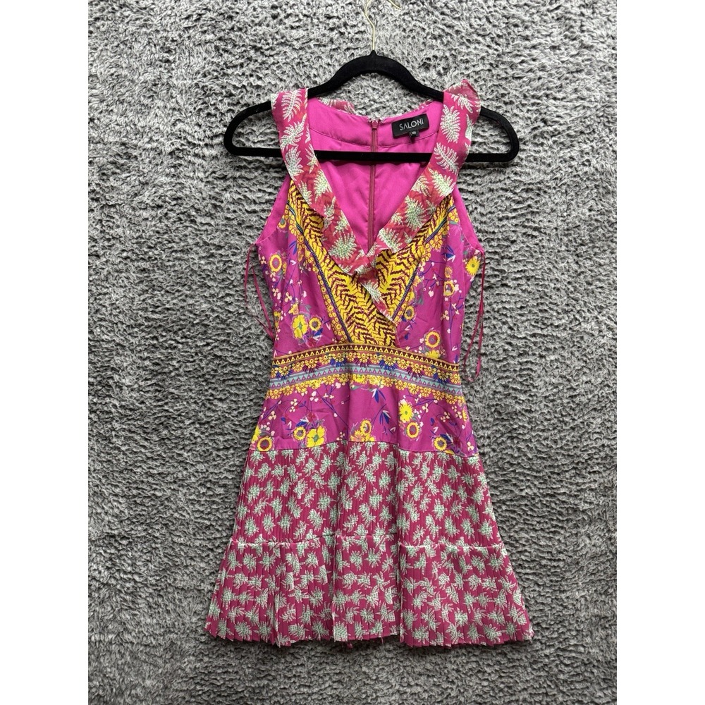 SALONI Amy Short Floral Dress In Shocking Pink Silk Pleated Size 2